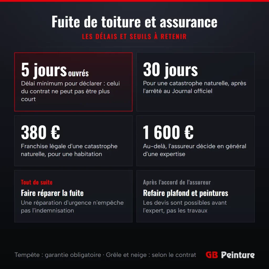 Délai pour prévenir l'assurance d'une fuite de toiture : 5 jours ouvrés minimum, 30 jours pour une catastrophe naturelle, franchise de 380 €, expertise au-delà de 1 600 €