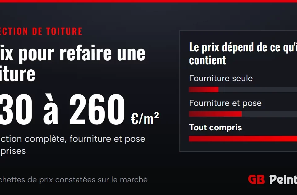 Prix pour refaire une toiture : 130 à 260 €/m² pour une réfection complète, fourniture et pose comprises
