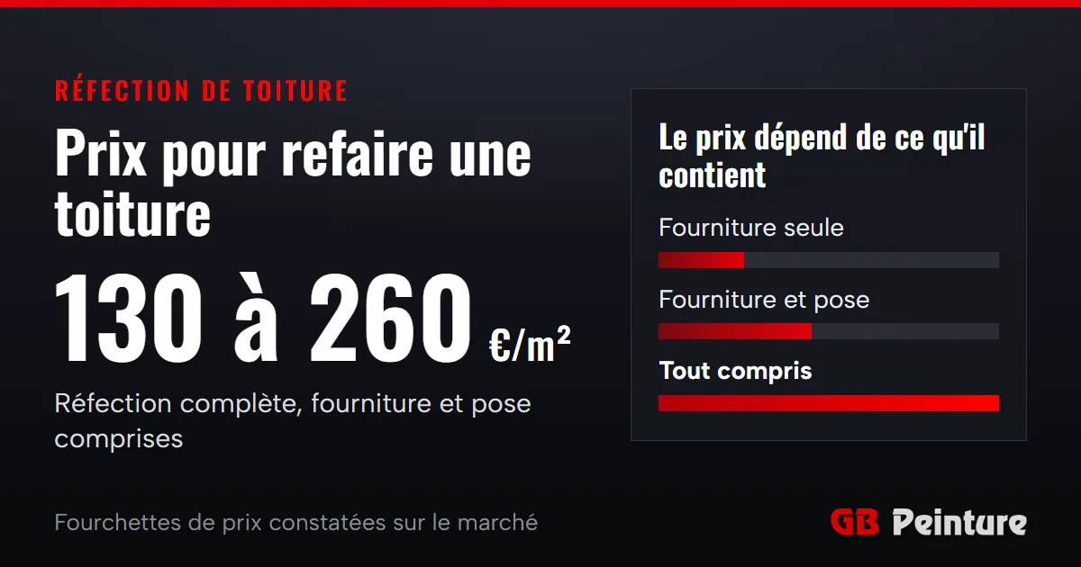 Prix pour refaire une toiture : 130 à 260 €/m² pour une réfection complète, fourniture et pose comprises