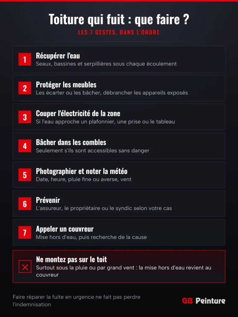 Les 7 gestes à faire quand la toiture fuit, de récupérer l'eau à appeler un couvreur, sans jamais monter sur le toit
